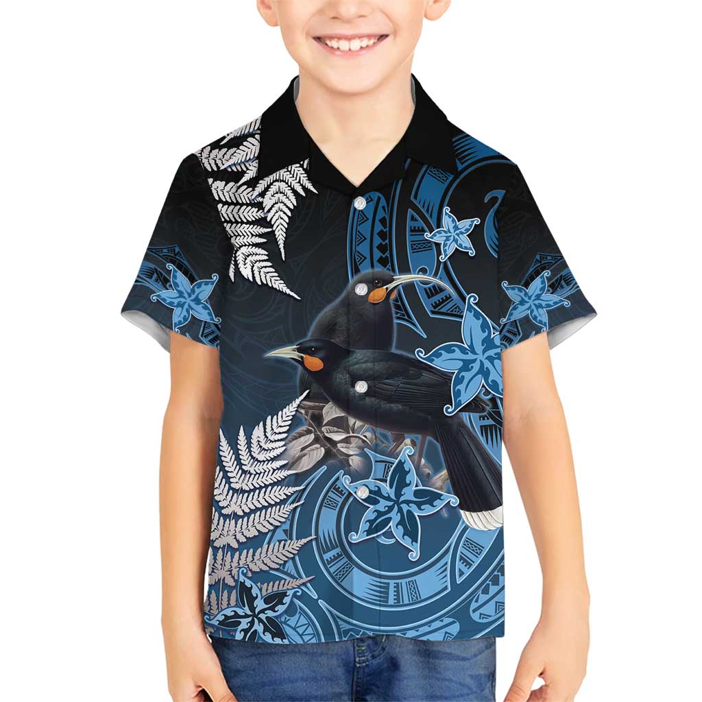New Zealand Huia Bird Family Matching Off Shoulder Short Dress and Hawaiian Shirt Aotearoa Maori Pattern LT05 Son's Shirt Navy - Polynesian Pride