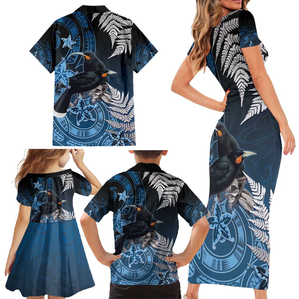 New Zealand Huia Bird Family Matching Short Sleeve Bodycon Dress and Hawaiian Shirt Aotearoa Maori Pattern LT05 - Polynesian Pride