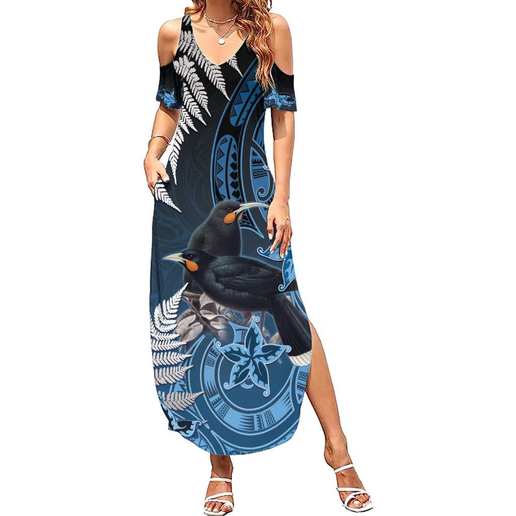 New Zealand Huia Bird Family Matching Summer Maxi Dress and Hawaiian Shirt Aotearoa Maori Pattern LT05 Mom's Dress Navy - Polynesian Pride