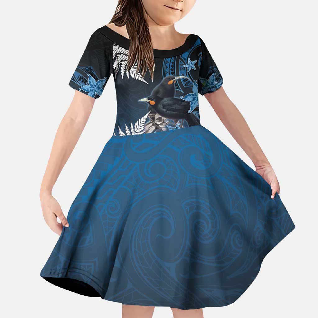 New Zealand Huia Bird Family Matching Tank Maxi Dress and Hawaiian Shirt Aotearoa Maori Pattern LT05 Daughter's Dress Navy - Polynesian Pride