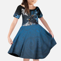 New Zealand Huia Bird Family Matching Tank Maxi Dress and Hawaiian Shirt Aotearoa Maori Pattern LT05 Daughter's Dress Navy - Polynesian Pride