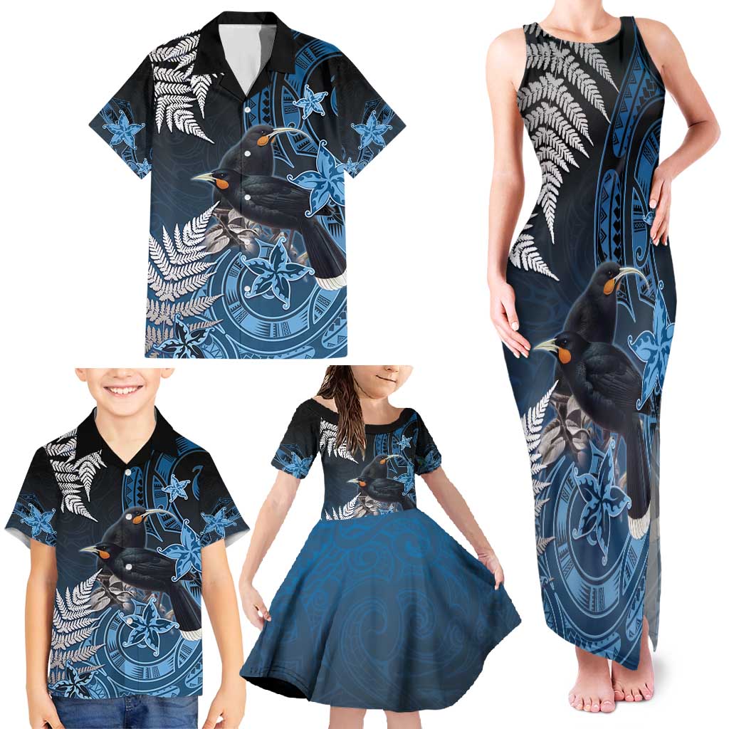 New Zealand Huia Bird Family Matching Tank Maxi Dress and Hawaiian Shirt Aotearoa Maori Pattern LT05 - Polynesian Pride