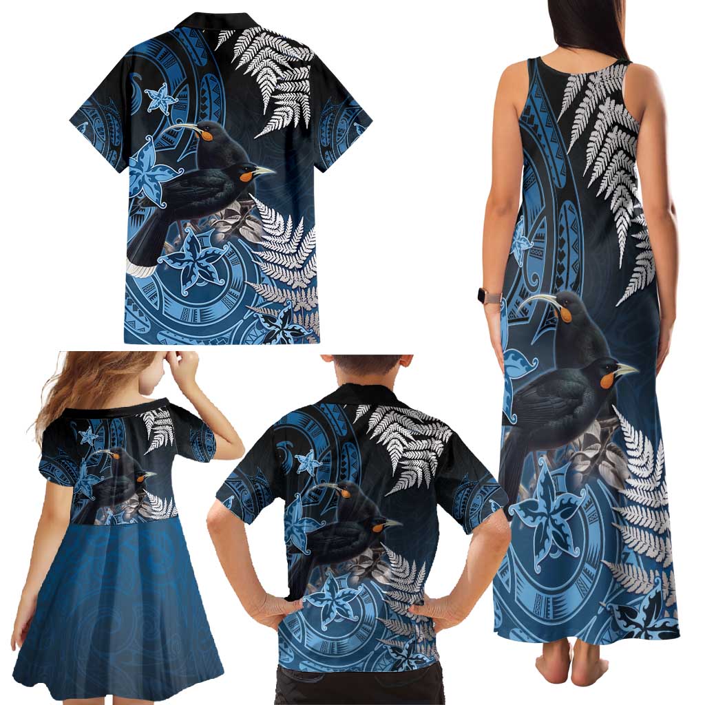 New Zealand Huia Bird Family Matching Tank Maxi Dress and Hawaiian Shirt Aotearoa Maori Pattern LT05 - Polynesian Pride