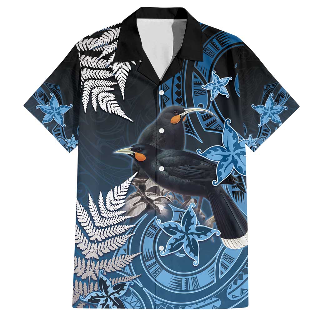 New Zealand Huia Bird Family Matching Tank Maxi Dress and Hawaiian Shirt Aotearoa Maori Pattern LT05 Dad's Shirt - Short Sleeve Navy - Polynesian Pride