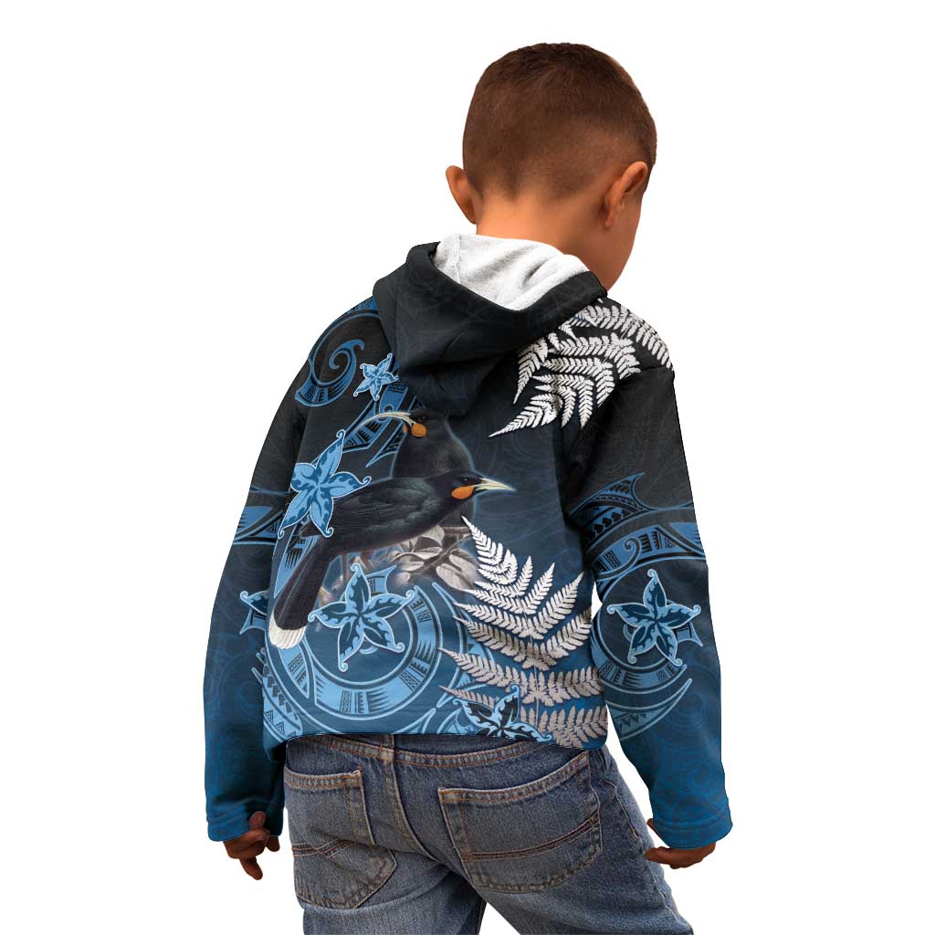 New Zealand Huia Bird Kid Hoodie Aotearoa Maori Pattern