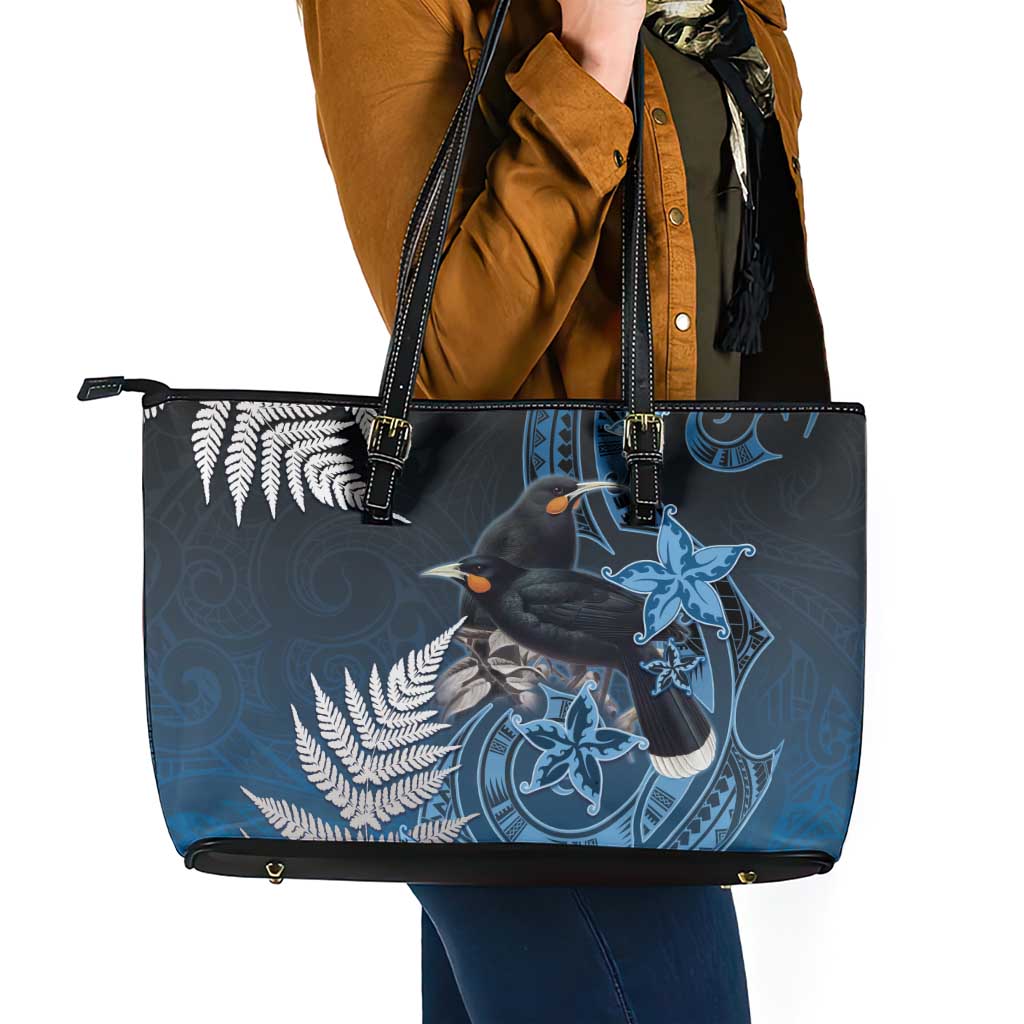 New Zealand Huia Bird Leather Tote Bag Aotearoa Maori Pattern