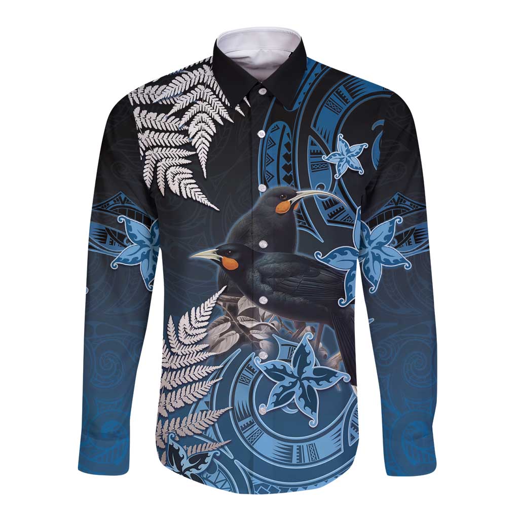 New Zealand Huia Bird Long Sleeve Button Shirt Aotearoa Maori Pattern LT05 Unisex Navy - Polynesian Pride
