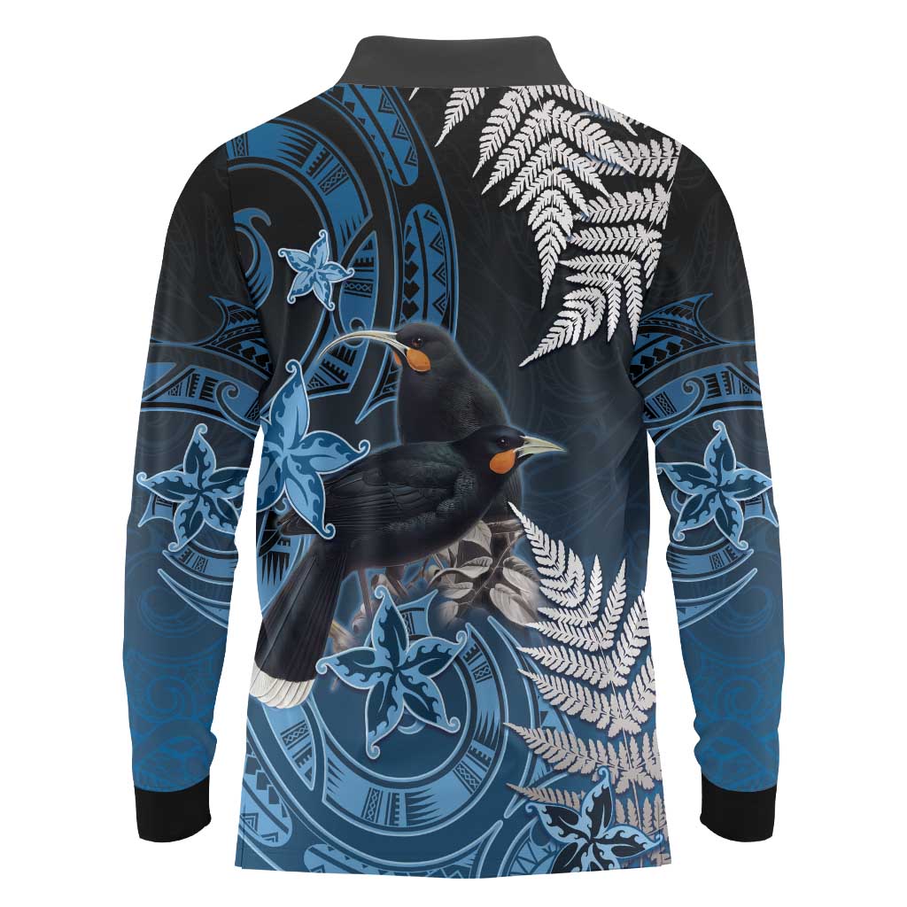 New Zealand Huia Bird Long Sleeve Polo Shirt Aotearoa Maori Pattern