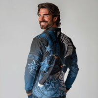 New Zealand Huia Bird Long Sleeve Polo Shirt Aotearoa Maori Pattern