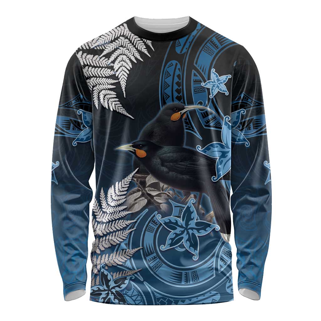 New Zealand Huia Bird Long Sleeve Shirt Aotearoa Maori Pattern LT05 Unisex Navy - Polynesian Pride