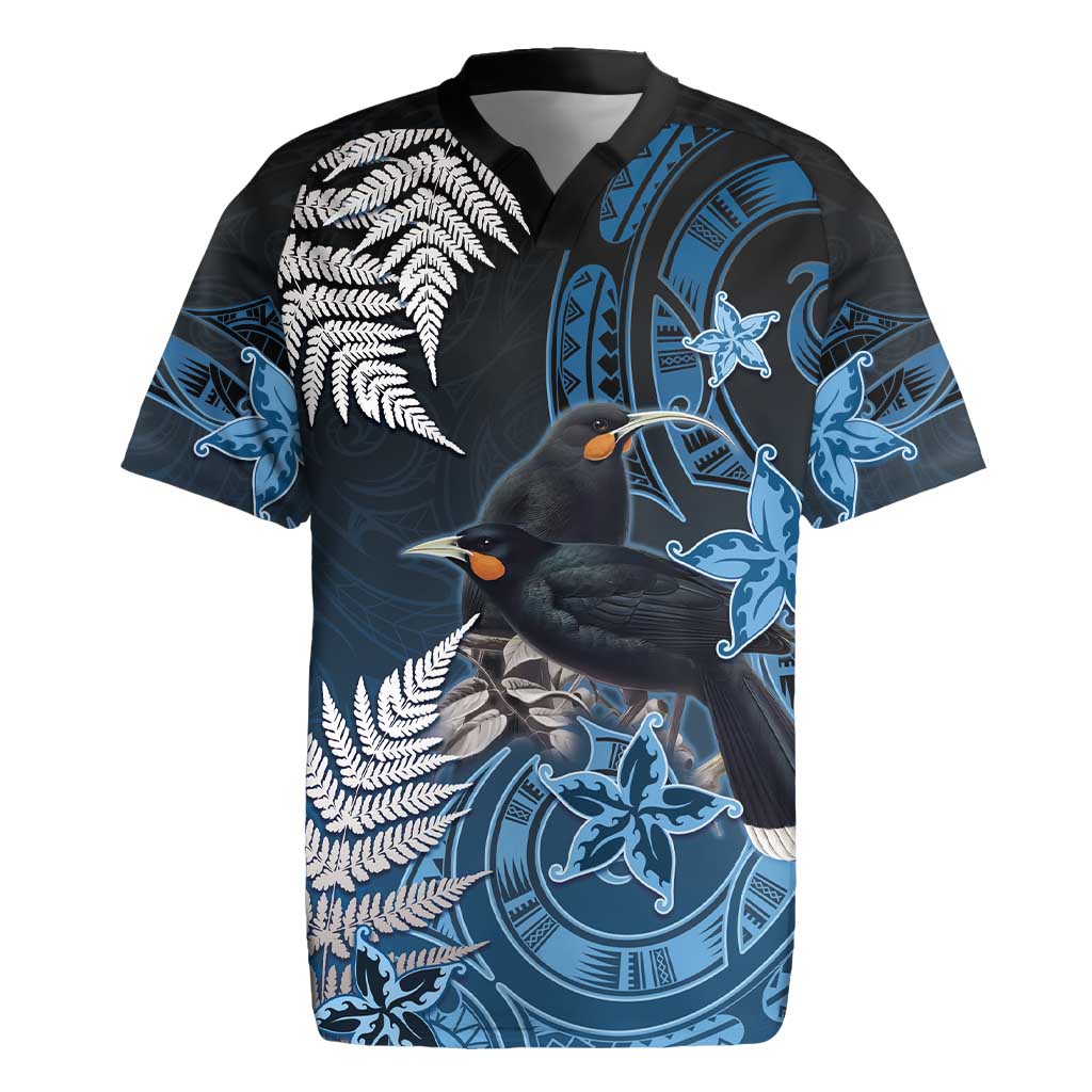 New Zealand Huia Bird Rugby Jersey Aotearoa Maori Pattern LT05 Navy - Polynesian Pride