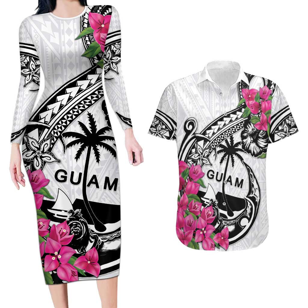 Guam Chamorro Couples Matching Long Sleeve Bodycon Dress and Hawaiian Shirt Bougainvillea White Polynesian Tribal Pattern