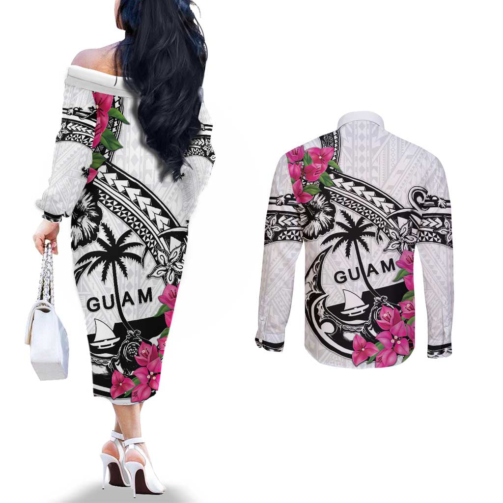 Guam Chamorro Couples Matching Off The Shoulder Long Sleeve Dress and Long Sleeve Button Shirt Bougainvillea White Polynesian Tribal Pattern