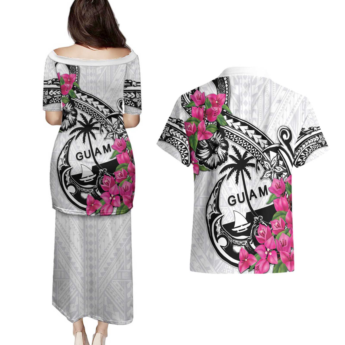 Guam Chamorro Couples Matching Puletasi and Hawaiian Shirt Bougainvillea White Polynesian Tribal Pattern