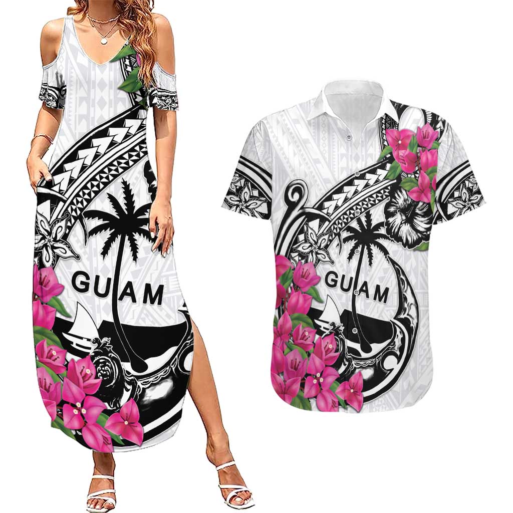 Guam Chamorro Couples Matching Summer Maxi Dress and Hawaiian Shirt Bougainvillea White Polynesian Tribal Pattern