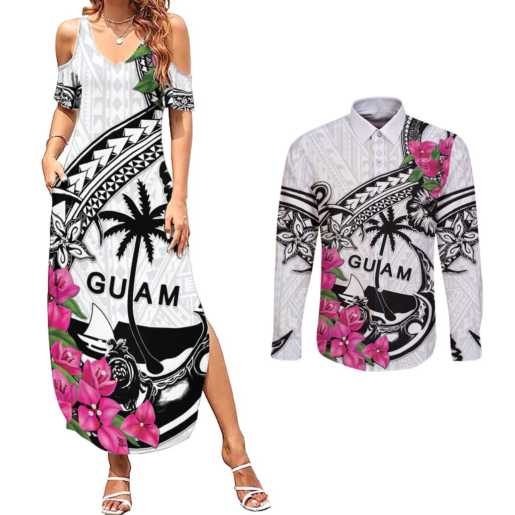 Guam Chamorro Couples Matching Summer Maxi Dress and Long Sleeve Button Shirt Bougainvillea White Polynesian Tribal Pattern