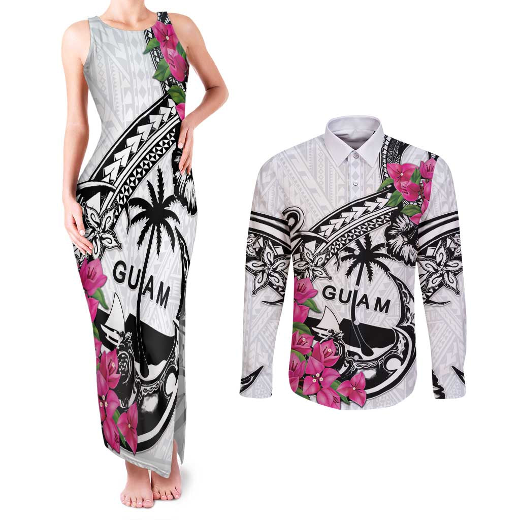 Guam Chamorro Couples Matching Tank Maxi Dress and Long Sleeve Button Shirt Bougainvillea White Polynesian Tribal Pattern