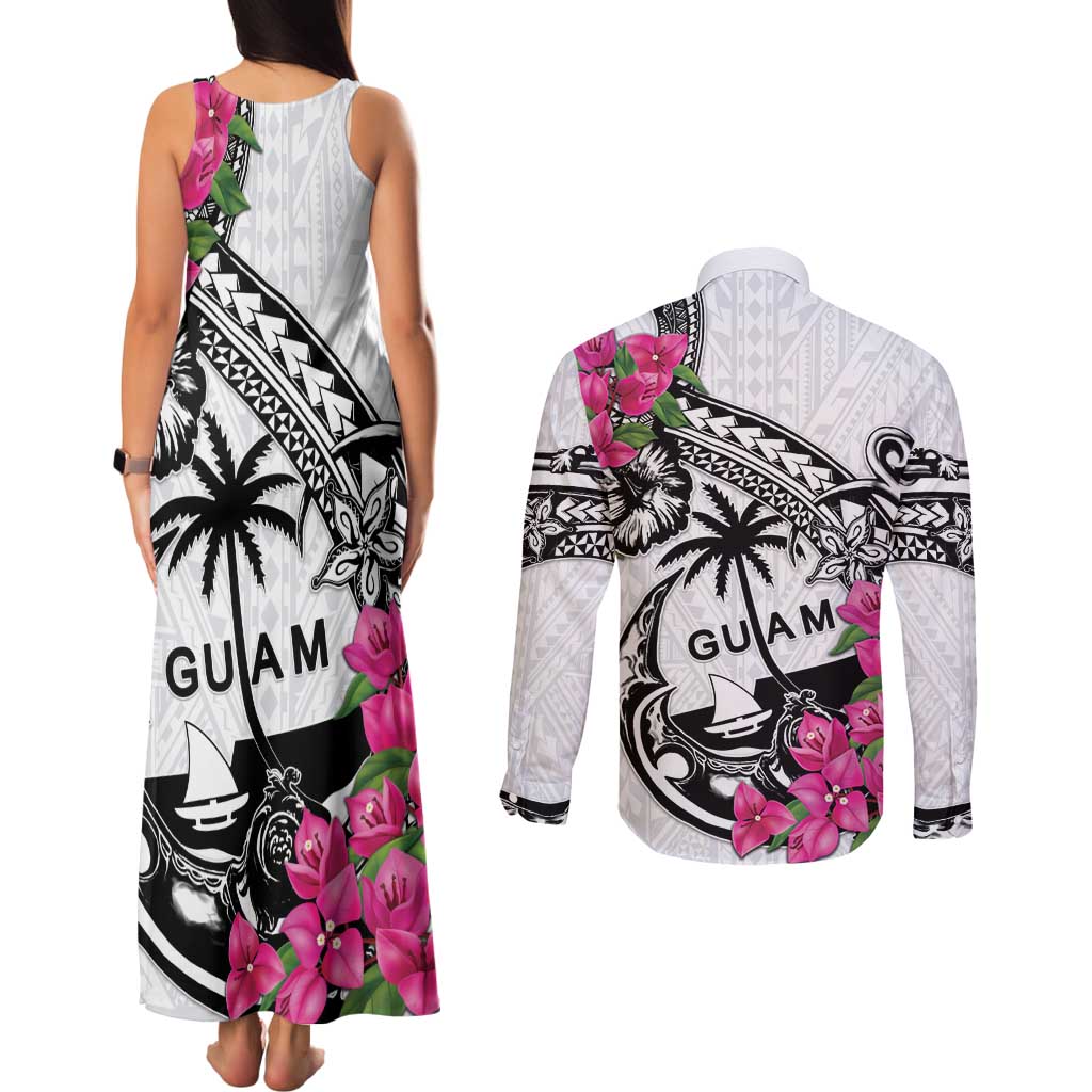 Guam Chamorro Couples Matching Tank Maxi Dress and Long Sleeve Button Shirt Bougainvillea White Polynesian Tribal Pattern