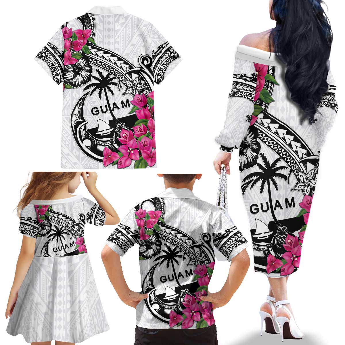 Guam Chamorro Family Matching Off The Shoulder Long Sleeve Dress and Hawaiian Shirt Bougainvillea White Polynesian Tribal Pattern