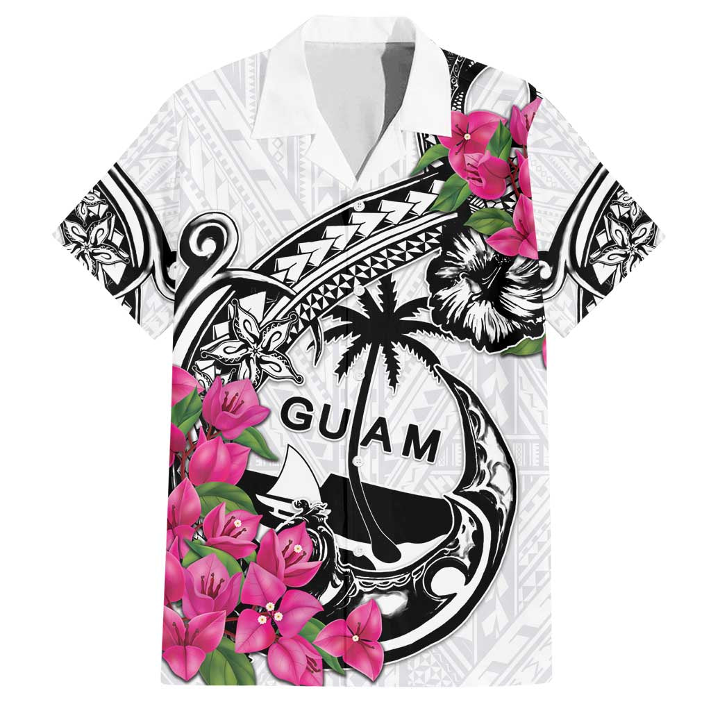 Guam Chamorro Family Matching Off Shoulder Maxi Dress and Hawaiian Shirt Bougainvillea White Polynesian Tribal Pattern
