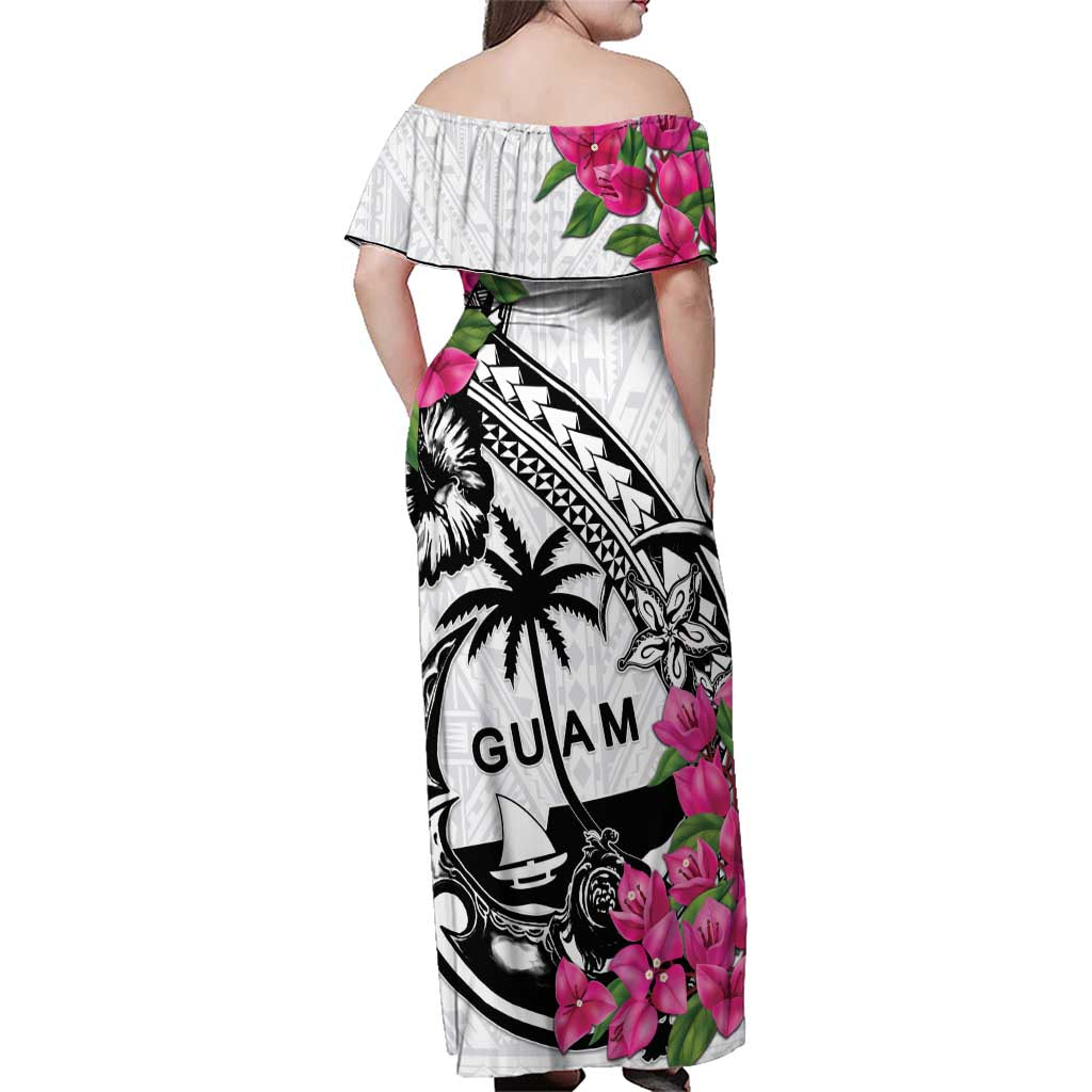 Guam Chamorro Family Matching Off Shoulder Maxi Dress and Hawaiian Shirt Bougainvillea White Polynesian Tribal Pattern