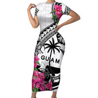 Guam Chamorro Family Matching Short Sleeve Bodycon Dress and Hawaiian Shirt Bougainvillea White Polynesian Tribal Pattern