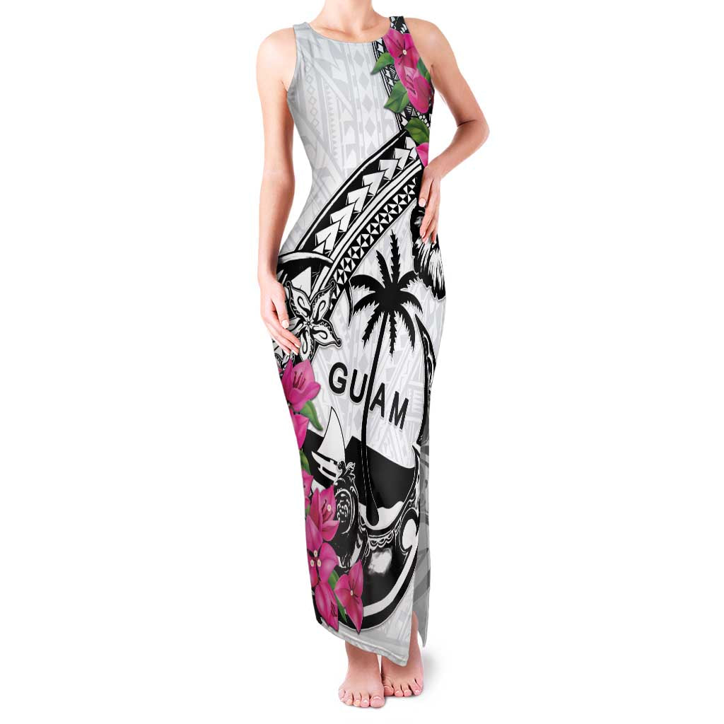 Guam Chamorro Family Matching Tank Maxi Dress and Hawaiian Shirt Bougainvillea White Polynesian Tribal Pattern