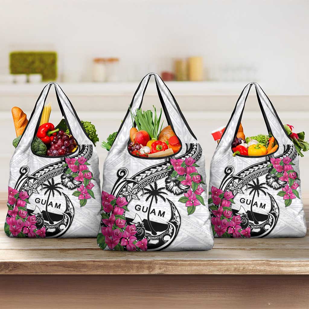 Guam Chamorro Grocery Bag Bougainvillea White Polynesian Tribal Pattern
