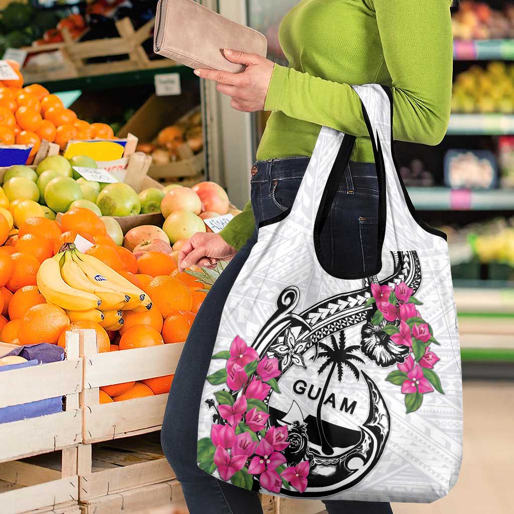Guam Chamorro Grocery Bag Bougainvillea White Polynesian Tribal Pattern