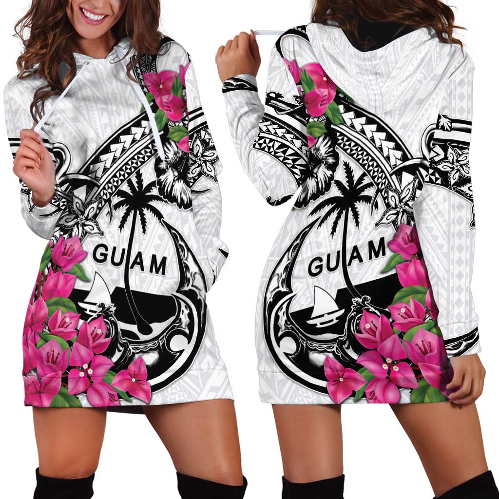 Guam Chamorro Hoodie Dress Bougainvillea White Polynesian Tribal Pattern