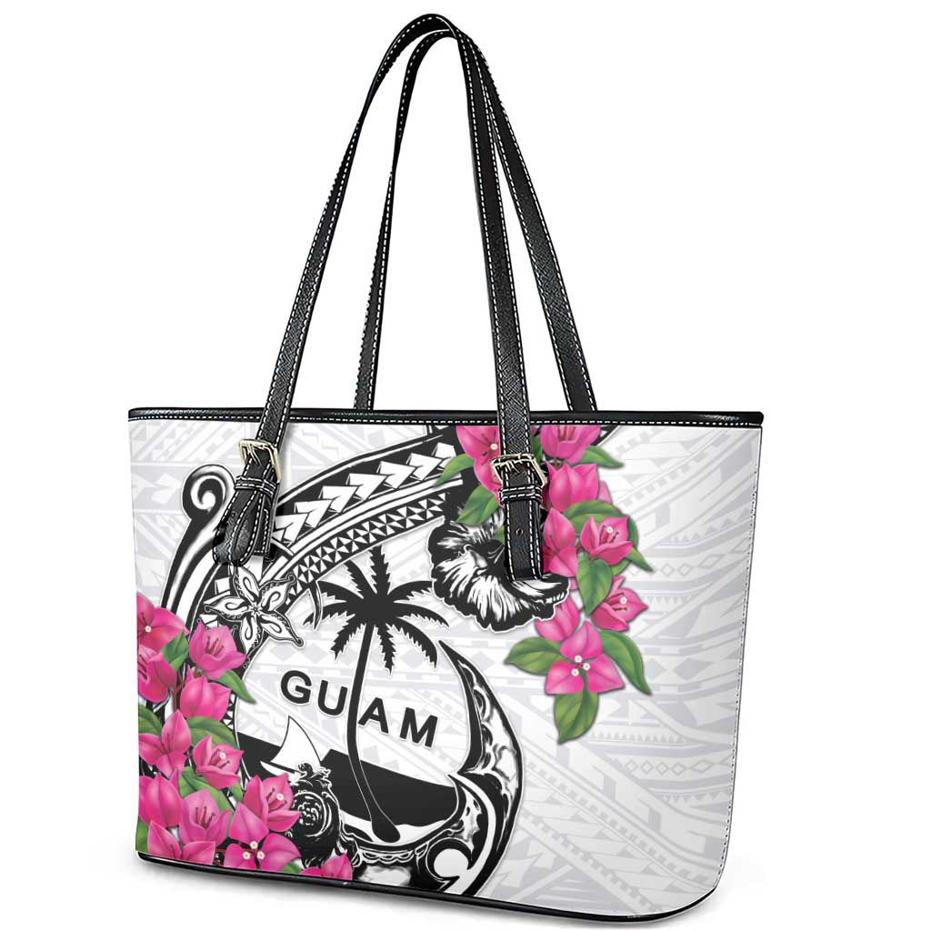 Guam Chamorro Leather Tote Bag Bougainvillea White Polynesian Tribal Pattern