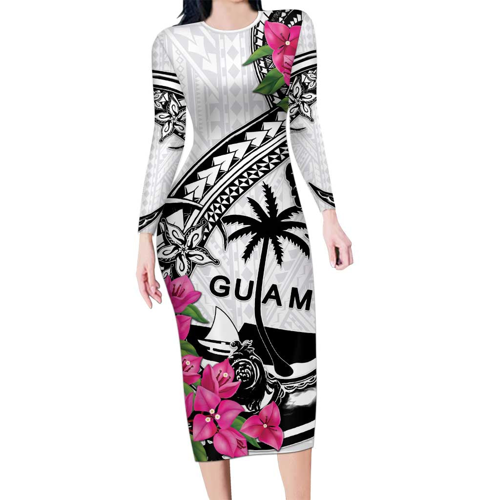 Guam Chamorro Long Sleeve Bodycon Dress Bougainvillea White Polynesian Tribal Pattern