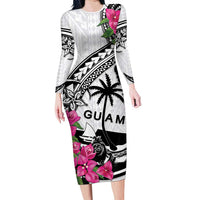 Guam Chamorro Long Sleeve Bodycon Dress Bougainvillea White Polynesian Tribal Pattern