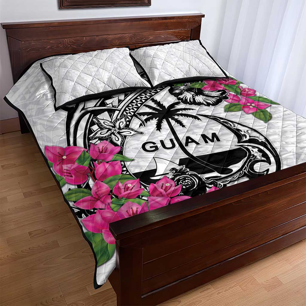 Guam Chamorro Quilt Bed Set Bougainvillea White Polynesian Tribal Pattern