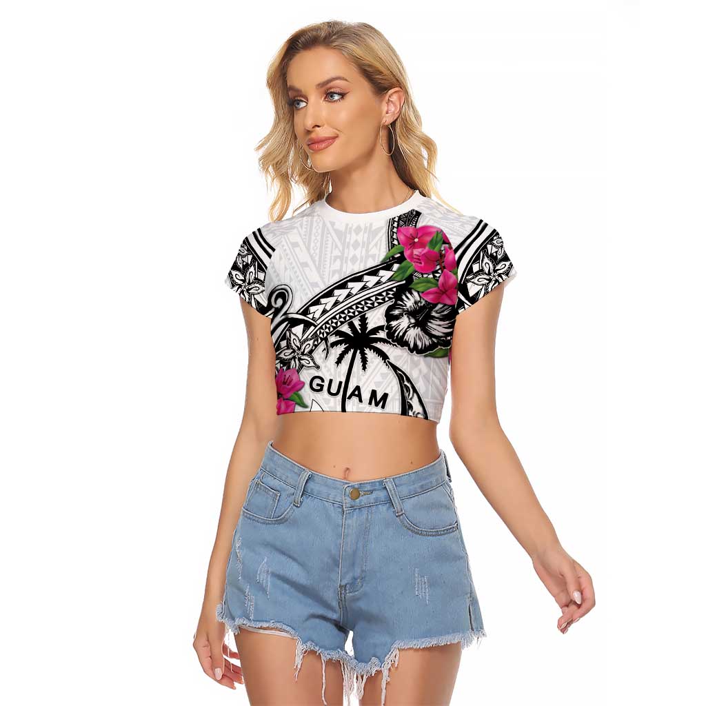 Guam Chamorro Raglan Cropped T Shirt Bougainvillea White Polynesian Tribal Pattern