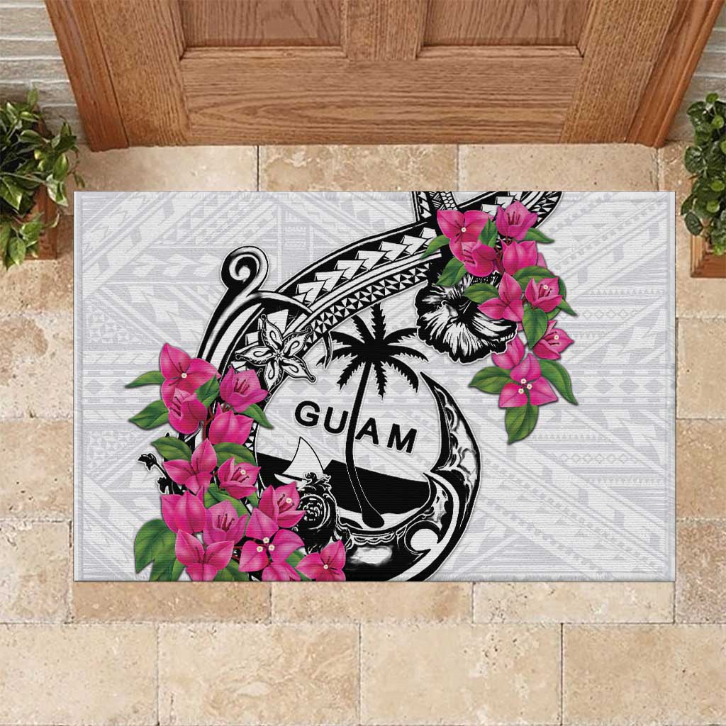 Guam Chamorro Rubber Doormat Bougainvillea White Polynesian Tribal Pattern