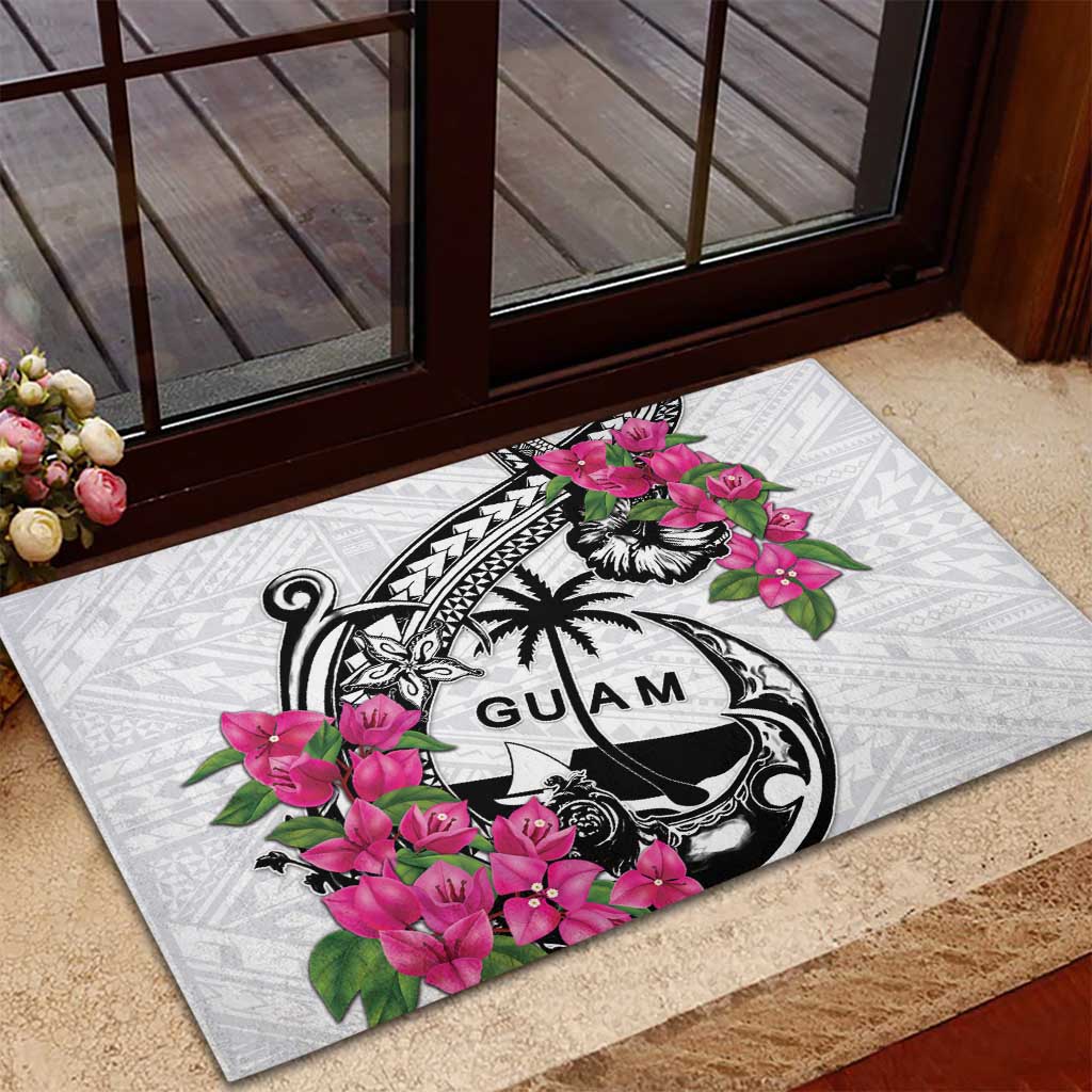Guam Chamorro Rubber Doormat Bougainvillea White Polynesian Tribal Pattern