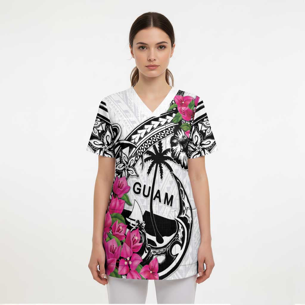Guam Chamorro Scrub Top Bougainvillea White Polynesian Tribal Pattern - Polynesian Pride