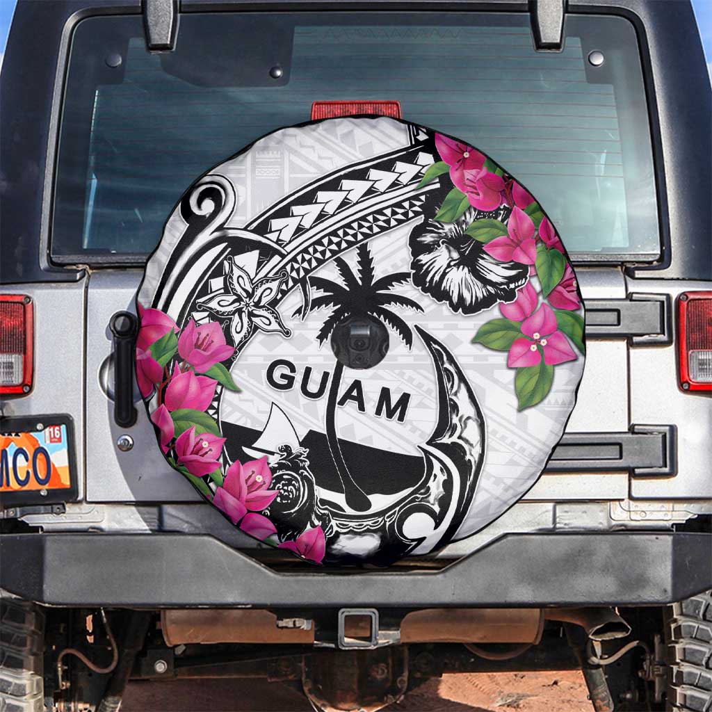 Guam Chamorro Spare Tire Cover Bougainvillea White Polynesian Tribal Pattern