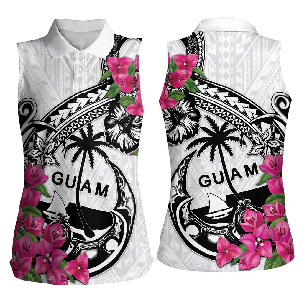 Guam Chamorro Women Sleeveless Polo Shirt Bougainvillea White Polynesian Tribal Pattern
