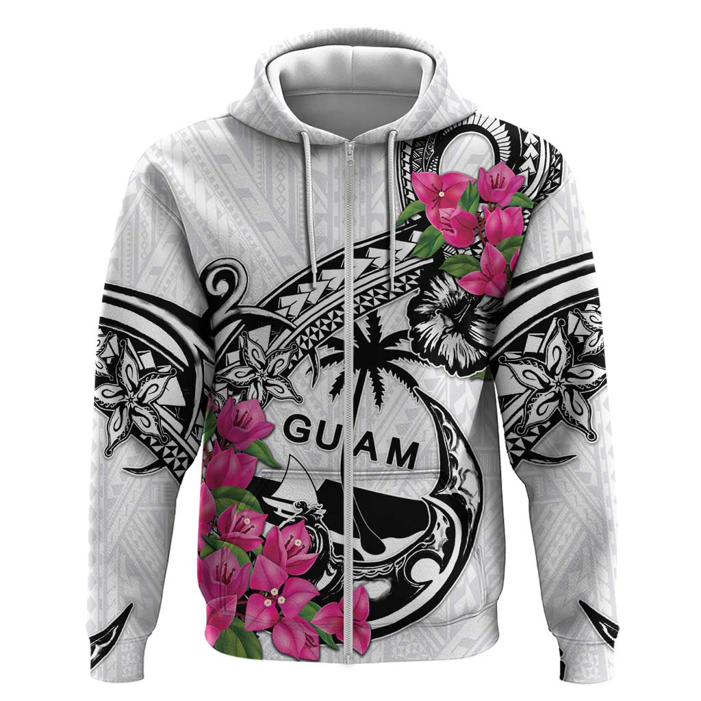Guam Chamorro Zip Hoodie Bougainvillea White Polynesian Tribal Pattern