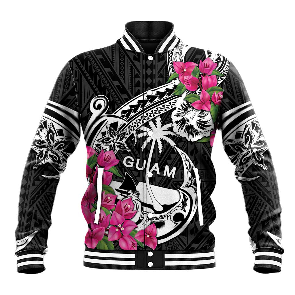 Guam Chamorro Baseball Jacket Bougainvillea Black Polynesian Tribal Pattern