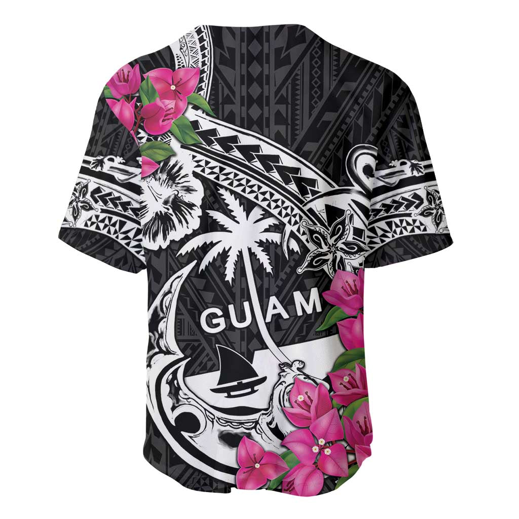 Guam Chamorro Baseball Jersey Bougainvillea Black Polynesian Tribal Pattern