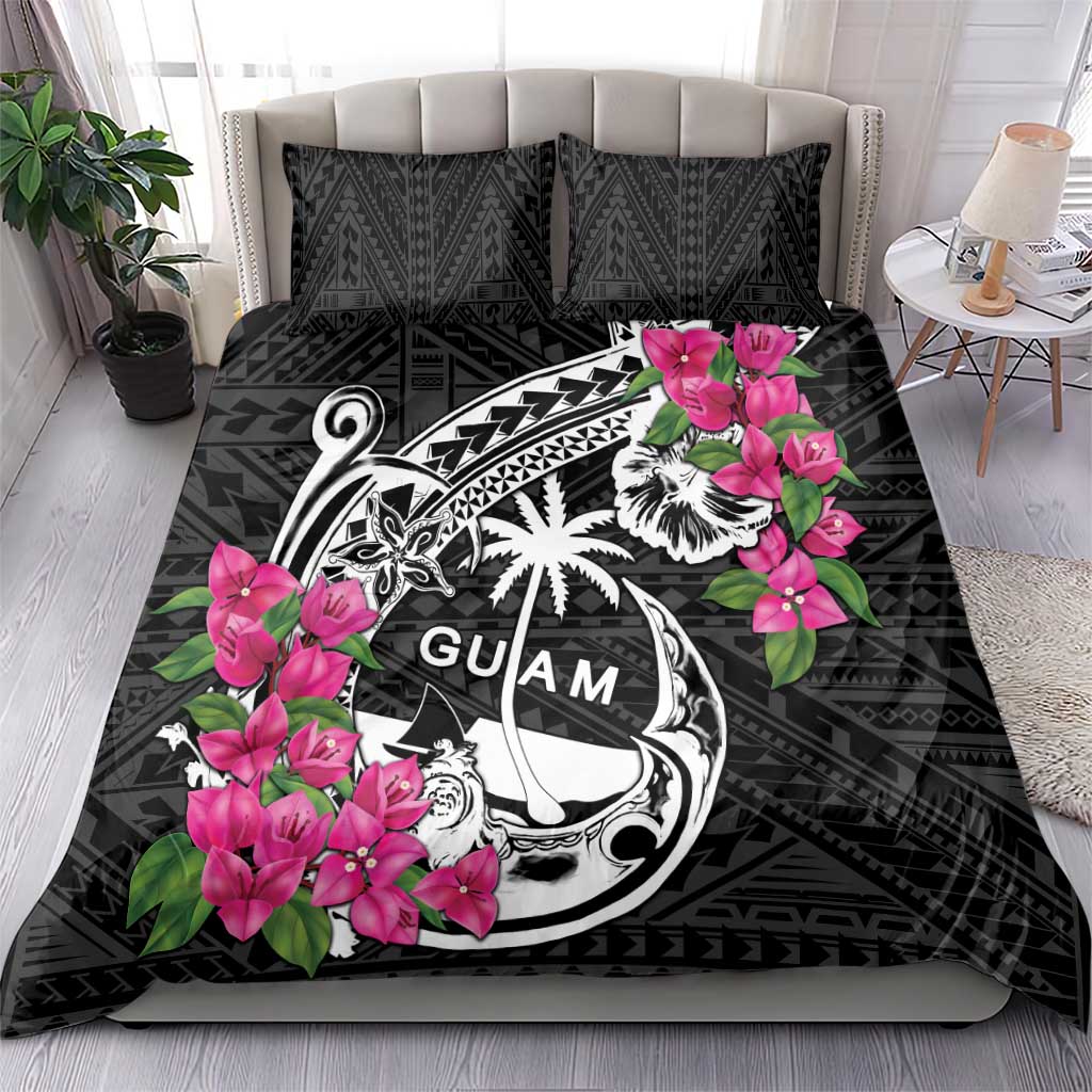 Guam Chamorro Bedding Set Bougainvillea Black Polynesian Tribal Pattern