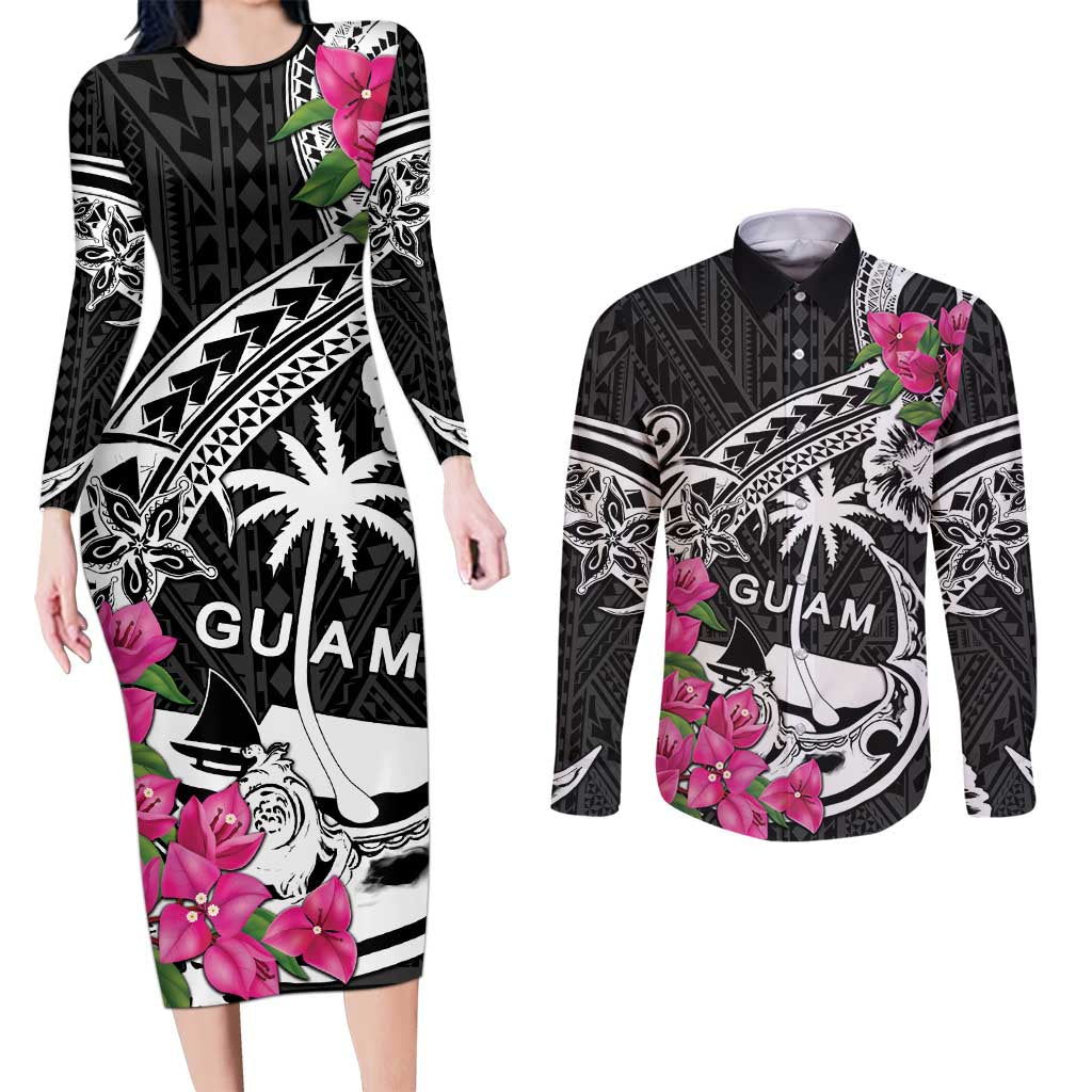 Guam Chamorro Couples Matching Long Sleeve Bodycon Dress and Long Sleeve Button Shirt Bougainvillea Black Polynesian Tribal Pattern