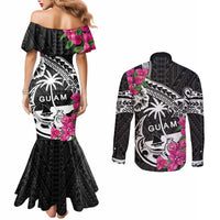 Guam Chamorro Couples Matching Mermaid Dress and Long Sleeve Button Shirt Bougainvillea Black Polynesian Tribal Pattern