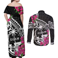 Guam Chamorro Couples Matching Off Shoulder Maxi Dress and Long Sleeve Button Shirt Bougainvillea Black Polynesian Tribal Pattern
