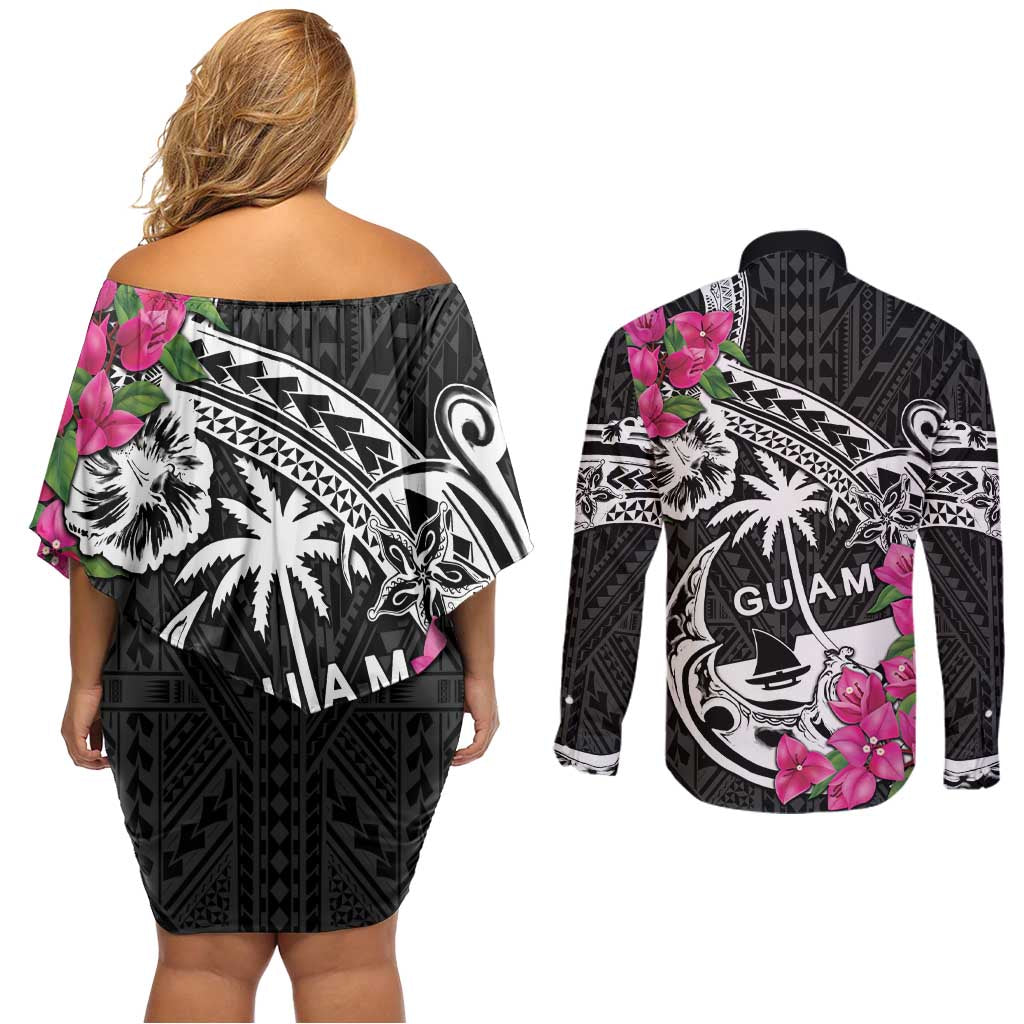 Guam Chamorro Couples Matching Off Shoulder Short Dress and Long Sleeve Button Shirt Bougainvillea Black Polynesian Tribal Pattern