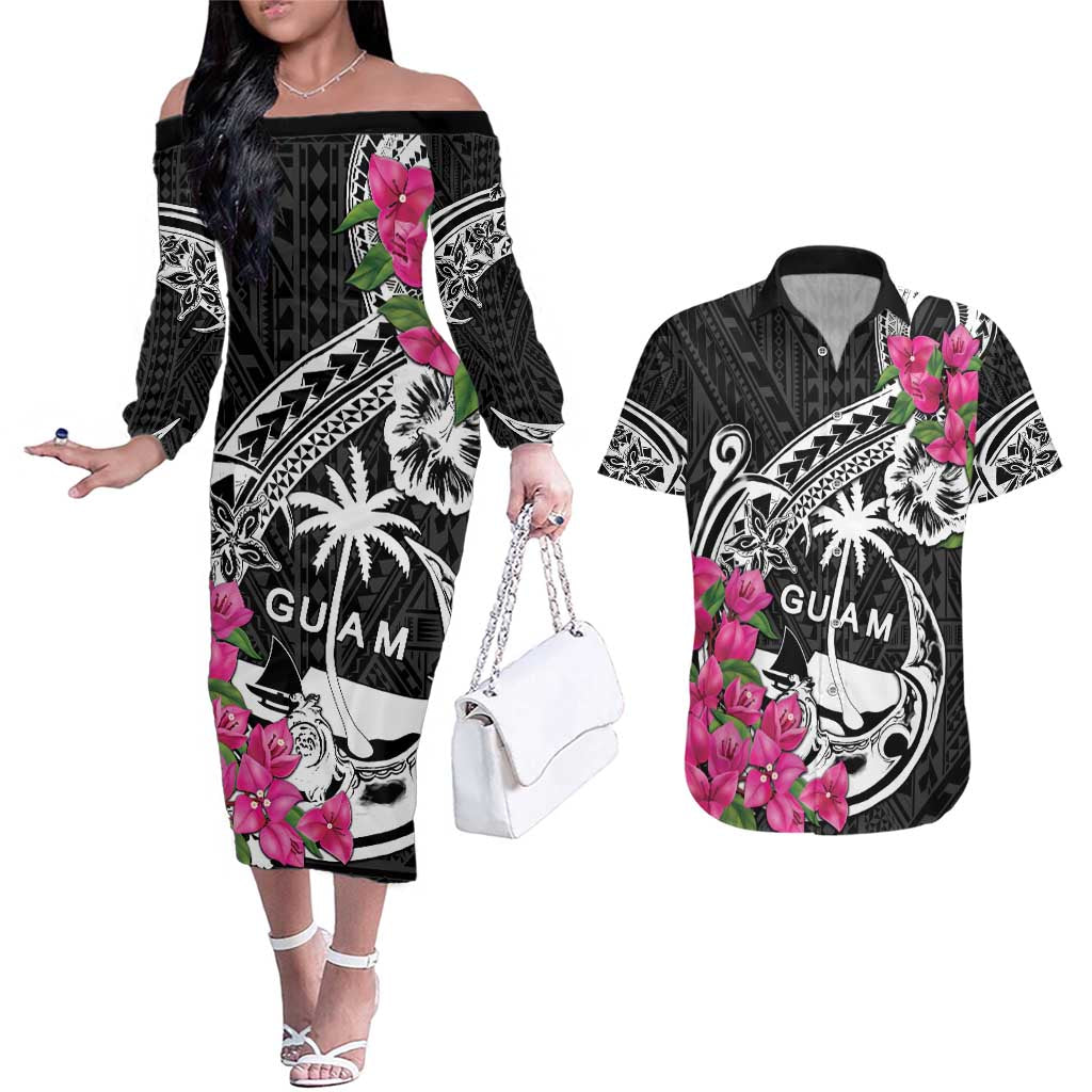 Guam Chamorro Couples Matching Off The Shoulder Long Sleeve Dress and Hawaiian Shirt Bougainvillea Black Polynesian Tribal Pattern