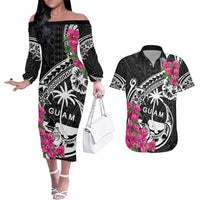 Guam Chamorro Couples Matching Off The Shoulder Long Sleeve Dress and Hawaiian Shirt Bougainvillea Black Polynesian Tribal Pattern